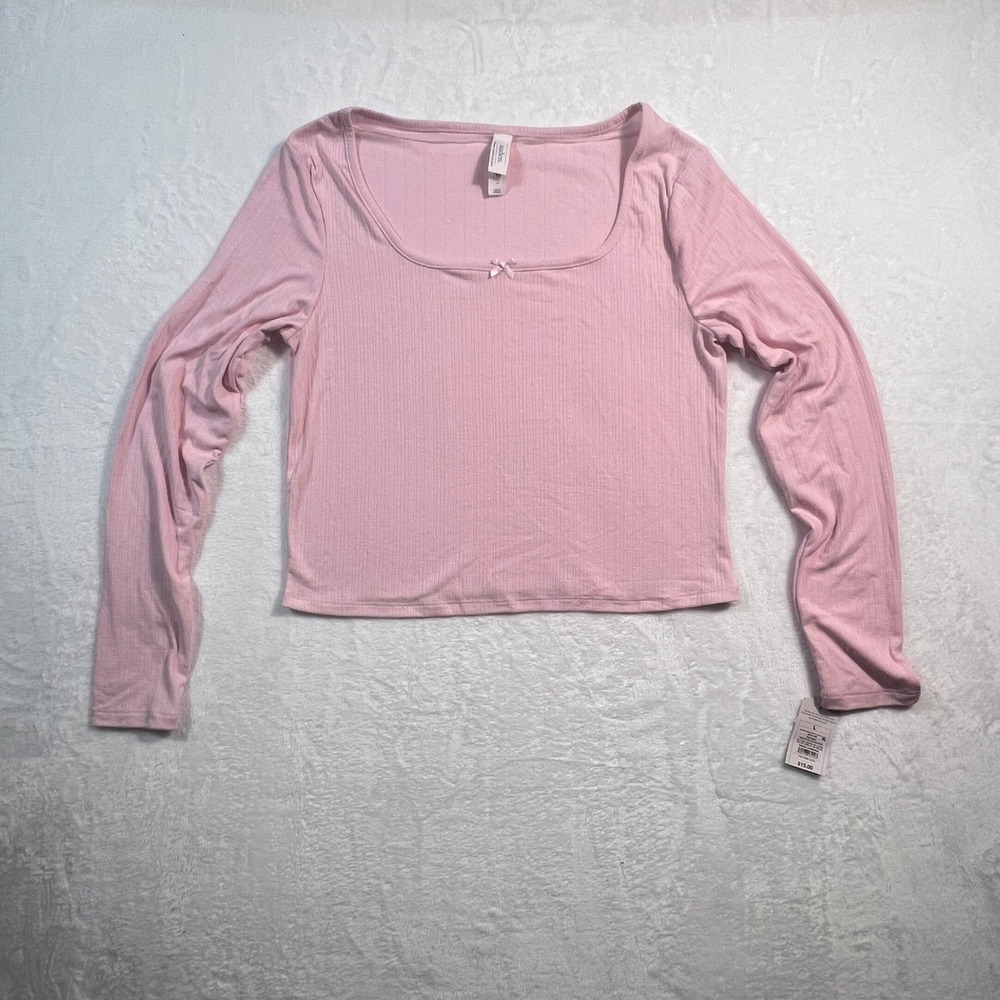 Auden Womens Pink Ribbed Long Sleeve Sleep Top Square Neck Bow Size L NWT